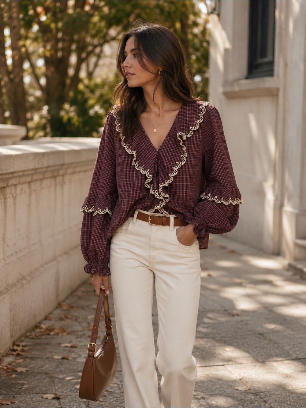Caroline Constas Plaid Ruffle Lace Blouse Burgundy M